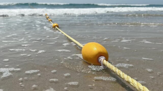 Close up of Yellow Safety Buoy on Wet Sand and waves. Swimming Boundary Beach Marker 
