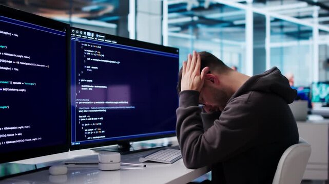 Software Engineer Looks Tired And Stressed While Coding