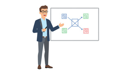 Fototapeta premium Smiling male speaker in a suit stands next to a whiteboard, presenting a business diagram with colorful blocks.