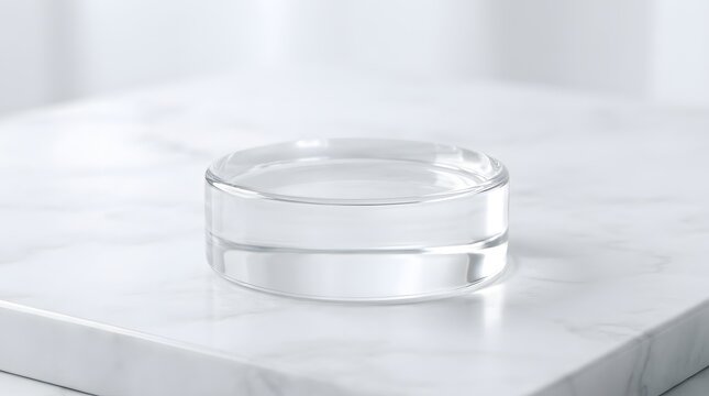 Empty glass circular container on clean white marble surface with container minimalist platform