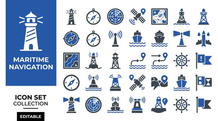 Maritime navigation icons featuring lighthouse compass and ship © Lunar Studio