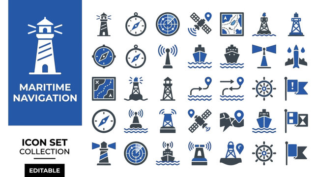 Maritime navigation icons featuring lighthouse compass and ship