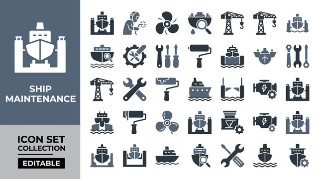 Ship maintenance and shipyard service icon set