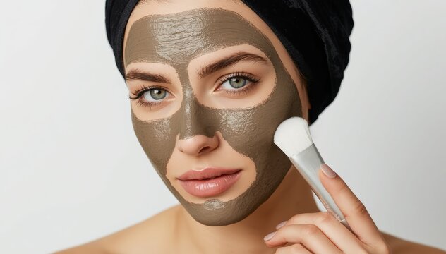 A woman applies a dark facial mask with a brush, wearing a black head wrap, showcasing a skincare beauty routine against a plain background.
