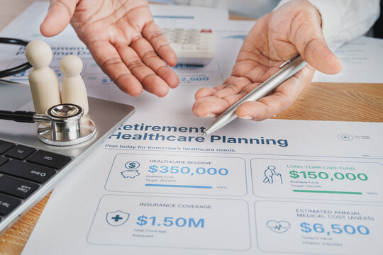 Financial advisor reviewing retirement healthcare planning dashboard with medical cost projections, healthcare reserve funds, long term care preparation, future healthcare expense management strategy