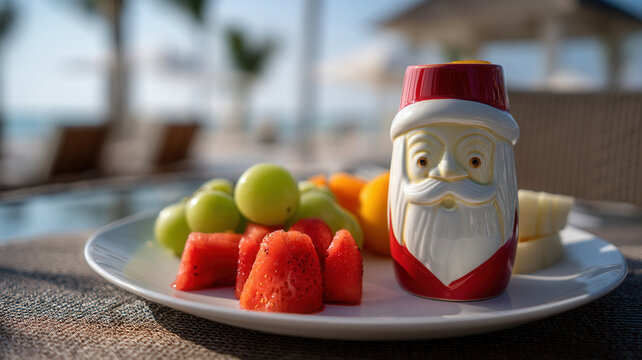 Santa bottle, fruit plate, christmas, poolside resort, tropical breakfast with watermelon grape orange on table