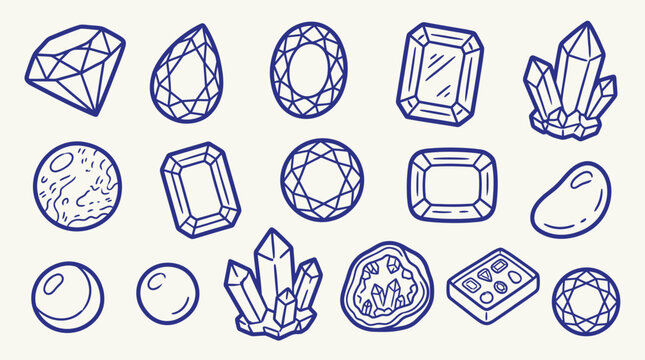 Collection of hand-drawn illustrations of various gemstones and crystals in a simple doodle style.