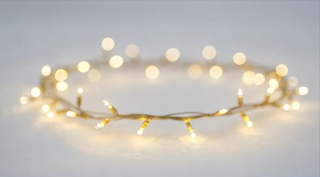 Christmas fairy light garland and wreath on blurred white background with warm glowing bokeh, soft gray backdrop, copy space, festive holiday decor and celebration