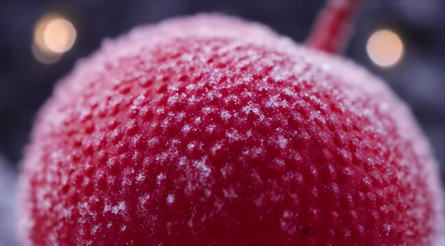 Frosted red christmas ornament closeup with soft light, festive bokeh, winter holiday mood and frosty red surface for decoration, festive winter decor, holiday celebration