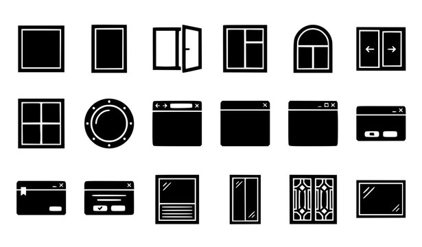Modern House Window and Digital Web Browser Pane Silhouette Icon Set with Various Architectural Glass Panes Operating Styles and User Interface Layout Concepts