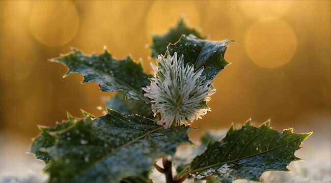 Christmas holly plant with white flower in golden winter light, festive evergreen leaf with frosty texture, warm bokeh, snow, and soft seasonal detail