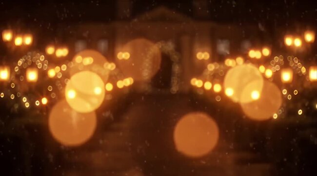 Warm glowing christmas lights bokeh with soft golden blur dark festive night scene, christmas candlelit aisle with warm bokeh lights and dark chapel interior for festive evening ceremony