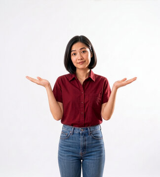 Confused Asian woman shrugging shoulders and showing empty hands with unsure expression, standing over white background