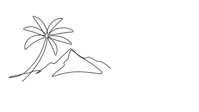 Animated video of a mountain landscape with a lake or sea. A minimalist skyline with mountain peaks in a simple single-line style. Adventure, sports, and summer vacation concepts in doodle style.