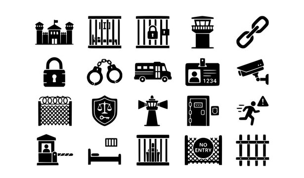 Prison and Correctional Facility Silhouette Icon Set with Handcuffs Jail Cells Security Badges and Escape Warnings for Law Enforcement Sites and Justice Graphic Designs