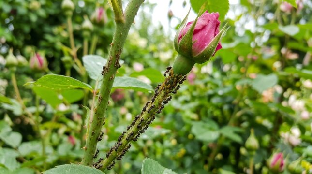 Macro capture of ants trail on a pink rosebud