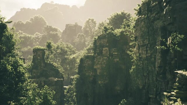 Dramatic cliffs bathed in late afternoon, deep shadows and high contrast revealing rugged stone texture, steep precipices and bold silhouettes for cinematic