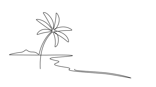 Animated video of a mountain landscape with a lake or sea. A minimalist skyline with mountain peaks in a simple single-line style. Adventure, sports, and summer vacation concepts in doodle style.
