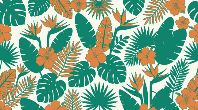 Tropical leaves and orange flowers pattern.
