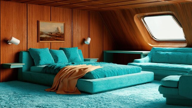 Luxury wood paneled loft bedroom with turquoise furniture.