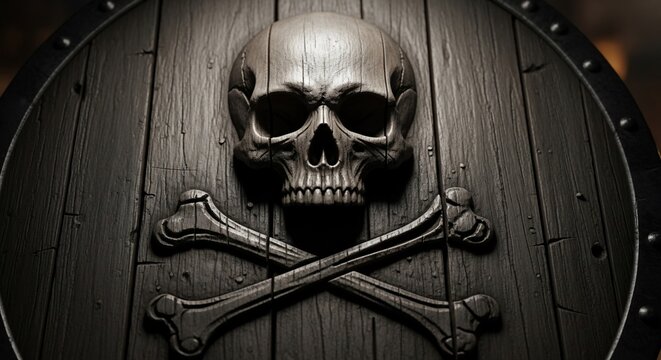 Weathered Skull Emblem: A 3D render's haunting, realistic texture on aged wood.