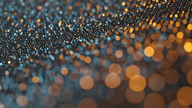 Abstract digital data particles with blue and gold glowing bokeh.