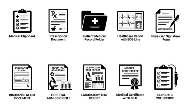 Medical Documents and Forms with Various Healthcare Icons and Symbols Featuring Clipboard, Prescription, Record with Folder