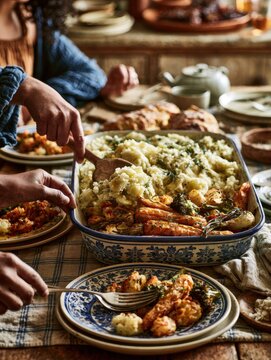 Hands serving thanksgiving food at a family dinner table