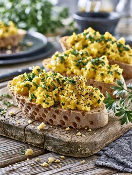 Scrambled eggs on rustic bread with parsley