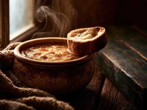 Steaming soup with bread in a rustic bowl by window
