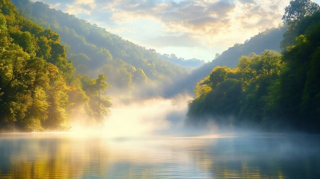 Misty sunrise river valley landscape, serene nature scene