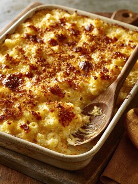 Baked macaroni and cheese in casserole dish