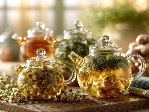 Herbal tea in glass teapots with chamomile flowers