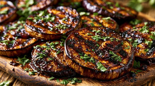 Grilled eggplant slices with herbs on wooden board