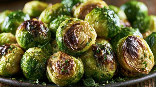 Roasted brussels sprouts with herbs on serving tray