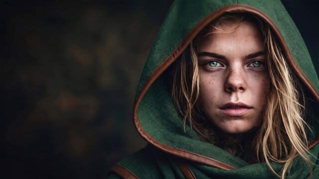 Cinematic portrait of a mysterious, freckled woman in a medieval green hooded cloak with an intense gaze. Ideal for dark fantasy book covers, RPG character art, or historical fiction concepts.
