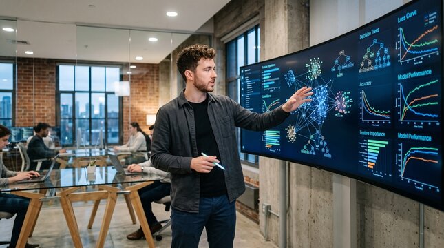 Man presenting data analytics and machine learning models on a large screen in a modern office setting