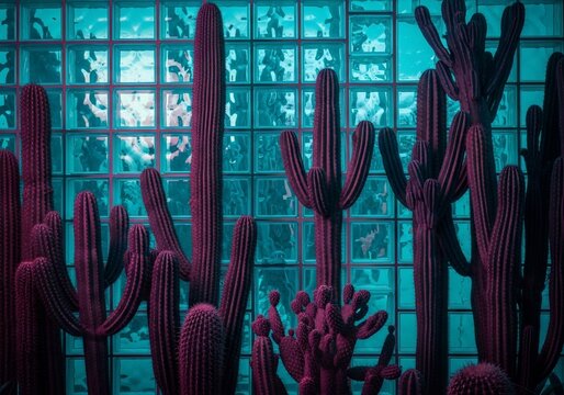 Neon Desert Dream: Cacti Glow Against Frosted Glass