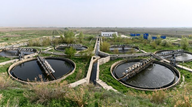 Industrial circular sedimentation tanks at wastewater treatment plant.