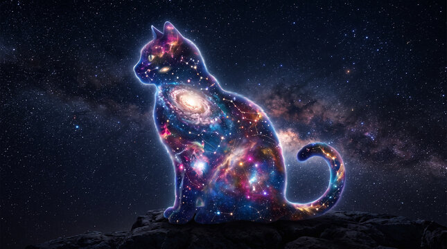A majestic cat silhouette filled with a vibrant galaxy nebula and stars in deep space night