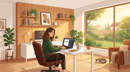 Woman Working Remotely from a Bright Home Office with a Lush Green Garden View, Focused and Productive Work Environment Illustration © shat