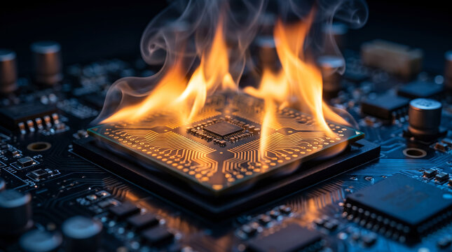 Overheating computer microchip on circuit board, with orange flames and smoke rising, burning under extreme thermal load, technology photography