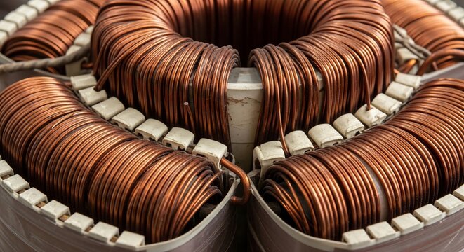 Copper coils hum with unseen power, a metallic symphony of potential energy.