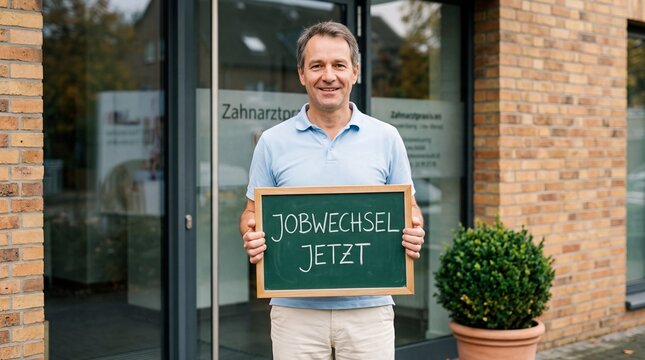L&auml;chelnder Mann h&auml;lt Tafel mit der Aufschrift Jobwechsel Jetzt vor einer Zahnarztpraxis