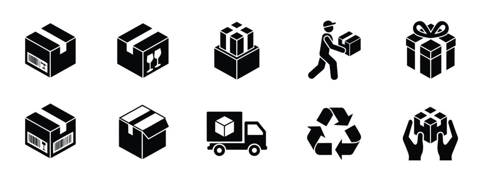 Logistics icon featuring delivery, packaging, cardboard box, shipping service, warehouse, fragile cargo, transport, and distribution vector illustration.