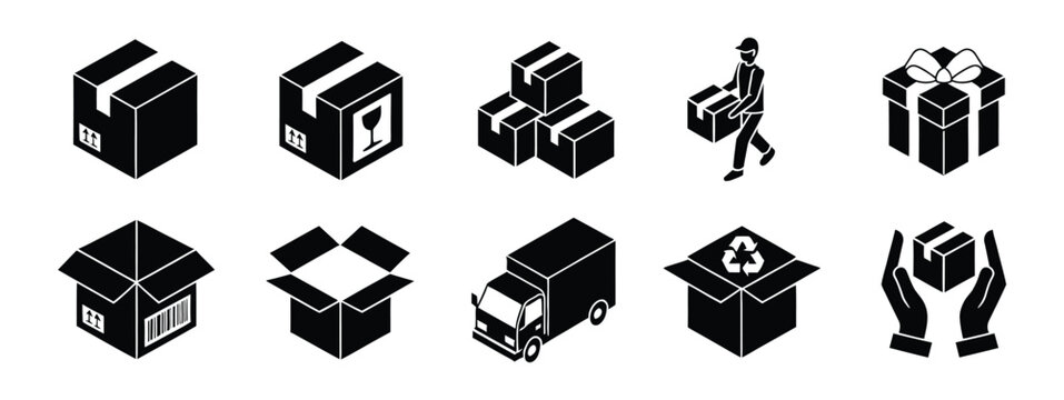 Logistics icon featuring delivery, packaging, cardboard box, shipping service, warehouse, fragile cargo, transport, and distribution vector illustration.