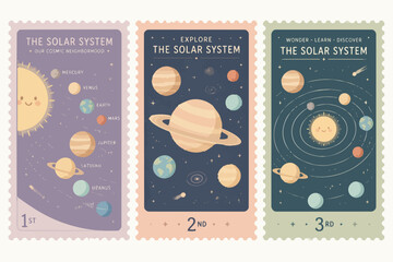 Solar System Postage Stamps: A whimsical collection of three postage stamps illustrating the solar system with charming, cartoon-like celestial bodies. © Saruf