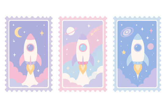 Space Travel Stamp Collection: A whimsical collection of three postage stamps featuring retro-style rockets soaring through pastel-colored galaxies filled with stars, planets, and celestial clouds.