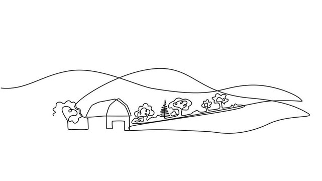 Animated video of a mountain and plantation landscape. A minimalist skyline with mountain peaks in a simple single-line style. Farming, plantation, and rural concepts in doodle style.