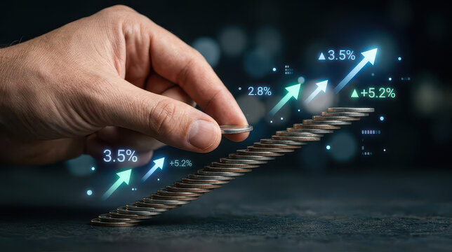 Inflation and interest rates impact economy as coins stack higher representing growth while concerns of recession linger in background with rising financial indicators
